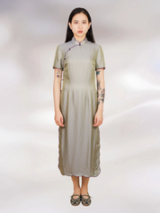 Cloud Gray with Gold Thread Short-Sleeve Mulberry Silk Qipao 彼彼星璃