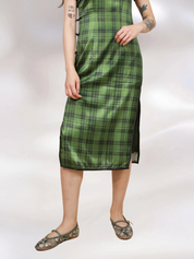 Forest Green Plaid Silk Short-Sleeve Mid-Length Qipao