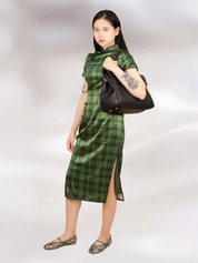 Forest Green Plaid Silk Short-Sleeve Mid-Length Qipao