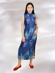 Blue Bamboo Pattern New Pleated Diamond Velvet Qipao 窈窈青竹