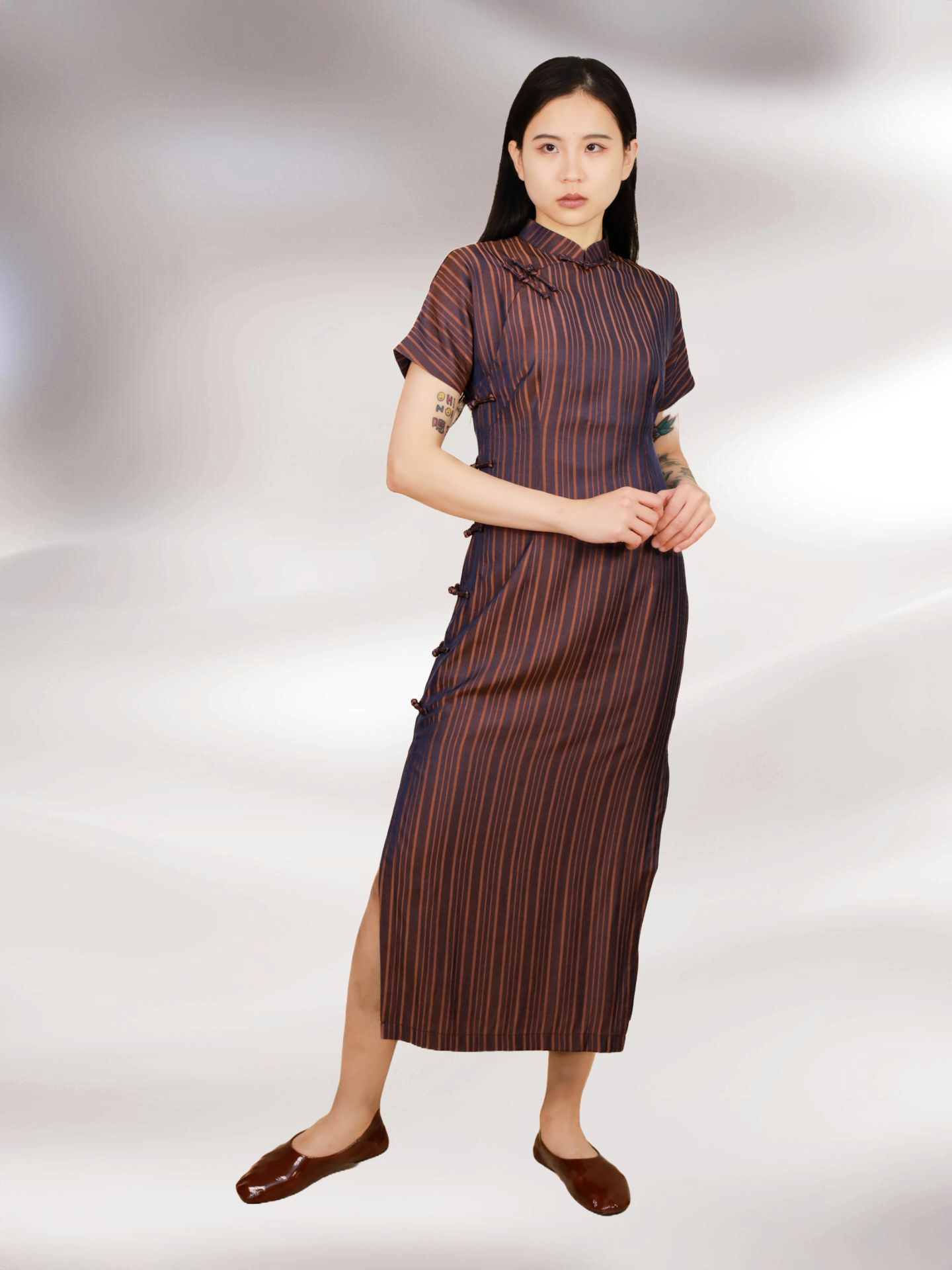 Purple Stripped Long Qipao Dress with Short Sleeves