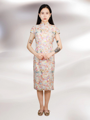 Blush Lace Tile Embroidered Mid-Length Qipao