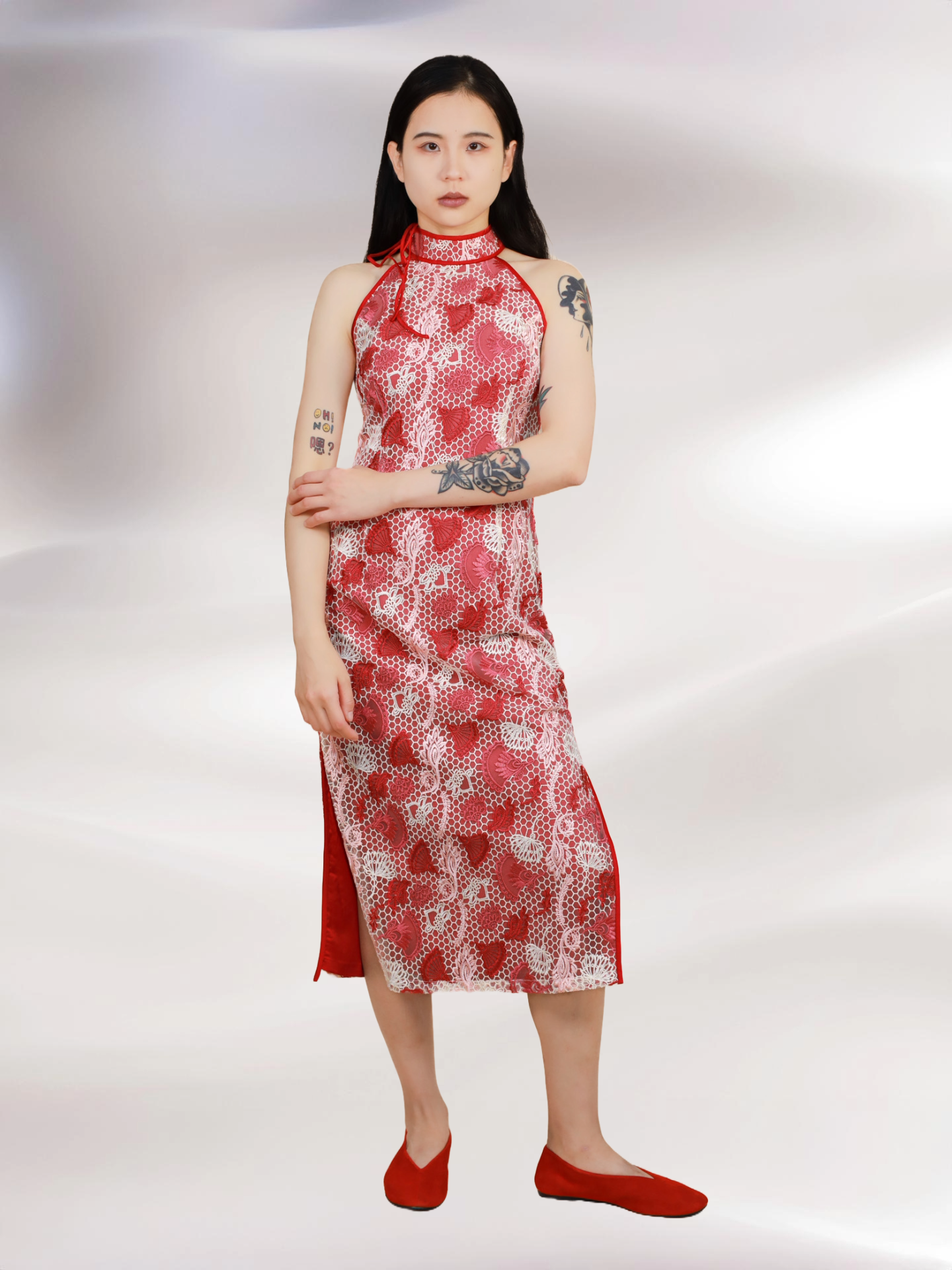 White and Red Lace Hollow Fan-Shape Sleeveless Halter Qipao 紅扇